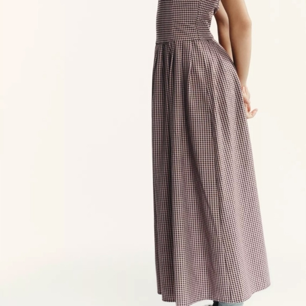 NWT Zara Strapless Gingham Patterned Midi Dress in Burgundy/White - S - Picture 5 of 16